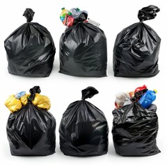 Trash bags set, full plastic garbage containers, polyethylene rubbish bag set, rubbish sack isolated, waste