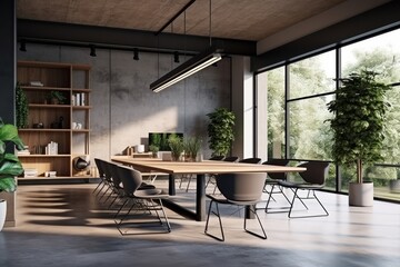 Modern industrial meeting rooms with minimalist design and abundant natural light.