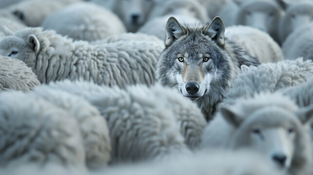 Wolf pretending to be sheep, blending in with sheep clothing. Disguise and deception as wolf hides among the herd.Sheep clothing hides the wolf, pretending to be harmless.