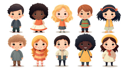 Identified children from different cultures on a white background