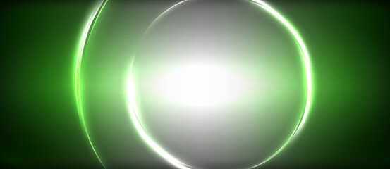 Neon glowing circle rays, light round lines in the dark, planet style neon wave lines. Energetic electric concept design for wallpaper, banner, background