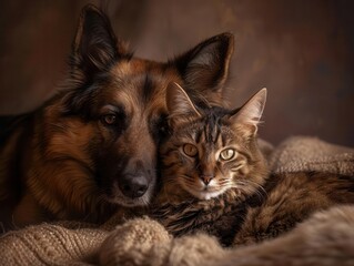 heartwarming portrait of mixedbreed dog and cat snuggling together soft lighting enhancing fur textures warm earth tones studio background