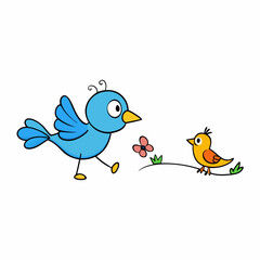 Doodle bird and butterfly in a playful scene, white background