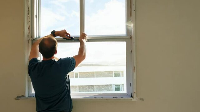 Beautiful young man building a bay window at the site of a new home