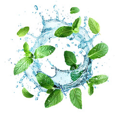 Fresh green mint leaves splashing with water, cut out