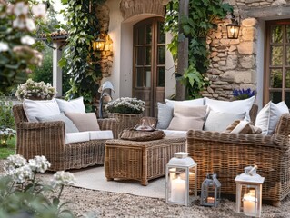 inviting outdoor lounge area with rustic charm featuring comfortable wicker furniture and soft textiles lush garden surroundings and warm lighting create cozy countryside atmosphere