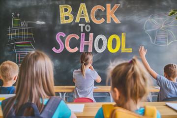 Text "Back to school" on the blackboard. Students in the classroom.