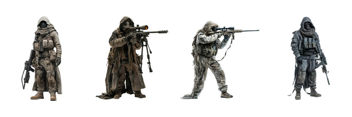 Obraz premium Set of Fictional soldier with full body of a Sniper in combat gear isolated on a transparent background