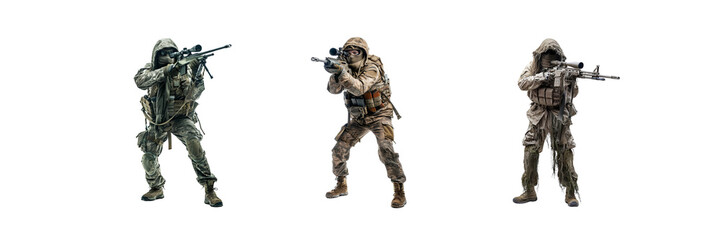 A set of Fictional soldier with full body of a Sniper in combat gear isolated on a transparent background