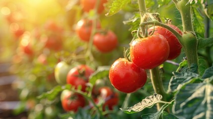 Fresh organic tomatoes grown in a greenhouse representing gardening and healthy outdoor eating