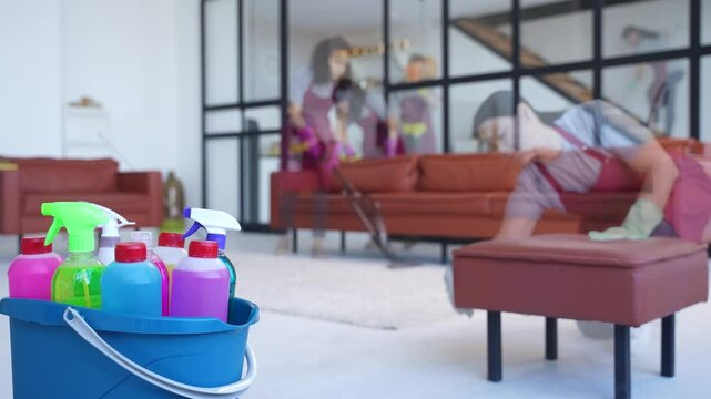 Timelapse of diverse team of expert cleaners scrubbing, vacuuming, mopping stylish office space. Housekeeping and disinfection