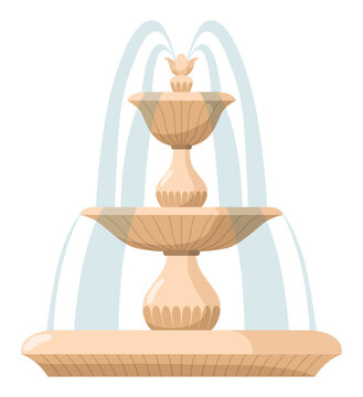 recommend clip art: Water fountain and water splash. Vintage and modern architecture decor with splashing drops. Outdoor park decoration with architectural elements cartoon vector