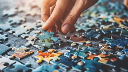 Assembling a Puzzle: Hands placing a piece into a jigsaw puzzle, with scattered puzzle pieces and a partially completed picture.
