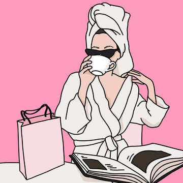 Illustration of a woman wearing sunglasses and a robe holding a coffee cup
