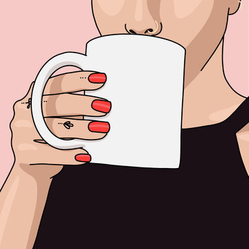 Illustration of a woman with rend nails holding a coffee cup