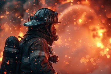 Firefighter battling flames with a hose