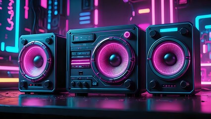 Retro boombox with glowing pink and blue neon lights.