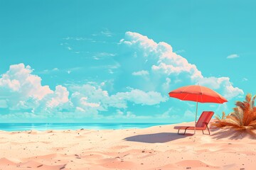 Peaceful Beach Scene with Umbrella and Lounge Chair Under a Clear Sky