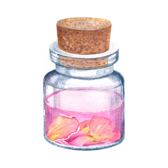 Homemade rose water in a glass bottle with pink petals in it. Hand drawn watercolor illustration of a small vial in pastel colors isolated on background. For packaging design of cosmetic, spa products