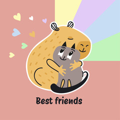 Capybara hugs a cat. Card with cute cartoon characters