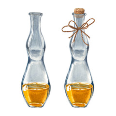 Glass bottles with wooden stopper and jute rope bow, argan oil for skin. Hand drawn watercolor illustration of vintage flacons with natural body care product isolated on background for aromatherapy.
