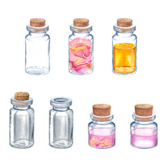 Set of glass bottles for essential oils and cosmetic products. Hand drawn watercolor illustration of dropper bottle, vial with bamboo cover, flask, jar isolated on background. For packaging design.