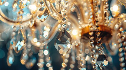 Close up of a stunning crystal chandelier with space for text