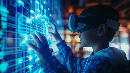 School student with VR headset using AI artificial intelligence technology & machine learning.Interactive technology in classroom. Innovation & smart tech. AI blue hologram in education