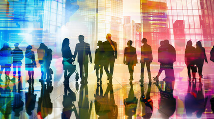 This image features colorful silhouettes of people from various backgrounds set against a business-themed backdrop. Generative AI