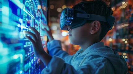 School student with VR headset using AI artificial intelligence technology & machine learning.Interactive technology in classroom. Innovation & smart tech. AI blue hologram in education