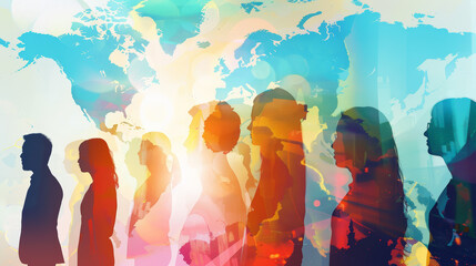 This image features colorful silhouettes of people from various backgrounds set against a business-themed backdrop. Generative AI