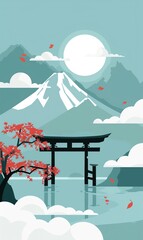 Serene Japanese landscape with Mount Fuji, Torii gate, and cherry blossom. Ideal for travel, culture, and Asian art.