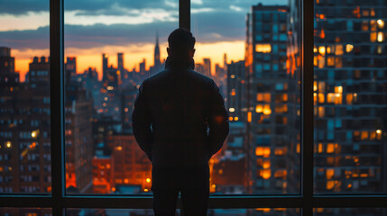 A silhouette of a man standing with his back to the camera in a bustling metropolis, capturing the anonymity and solitude amidst the urban environment.


