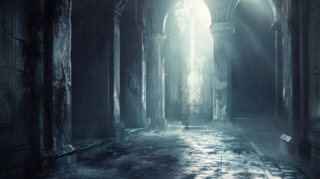 Ancient temple ruins bathed in soft light with stone pillars and marble floors