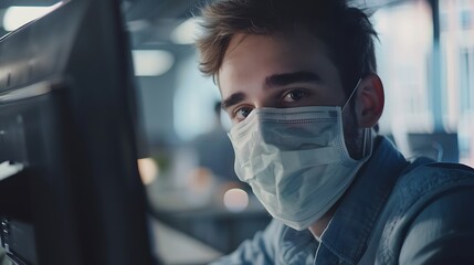 doctor wearing medicine mask using computer