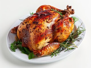 succulent roasted chicken with goldenbrown skin garnished with fresh herbs on a pristine white platter studio lighting enhancing textures