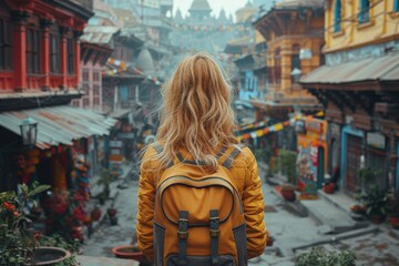 Obraz premium A young traveler with a backpack walking through a colorful and vibrant ancient neighborhood decorated with flags, immersed in a cultural and historic experience.