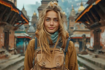 A youthful female traveler stands in a historic city adorned with temples, capturing a moment of awe and the profound charm of ancient architecture and cultural richness.