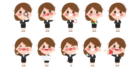 Businesswoman cartoon character pose with job doing collection pose set vector design.