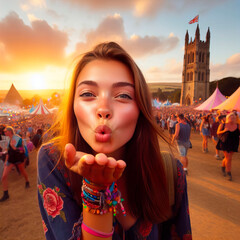 Young man blows a kiss at the camera at a music festival