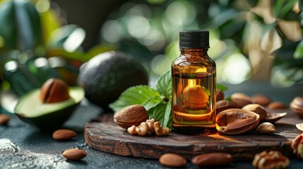 A Bottle of Nut Oil Among Avocados, Pecans, and Walnuts. Generative AI
