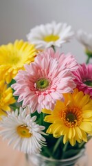 Vibrant bouquet of mixed daisies in glass jar on soft background