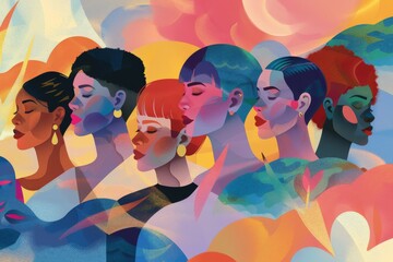 Vibrant and colorful illustration of diverse people, including multiracial women lesbian and gay movement. Equality and inclusion