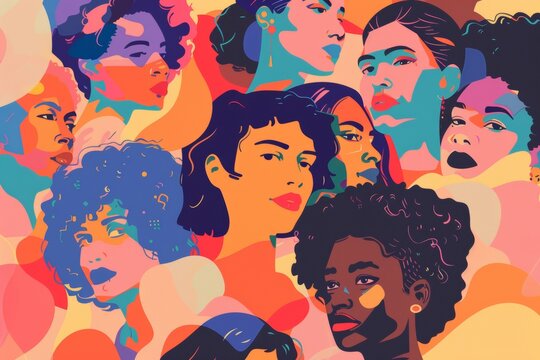 Vibrant and colorful illustration of diverse people, including multiracial women lesbian and gay movement. Equality and inclusion