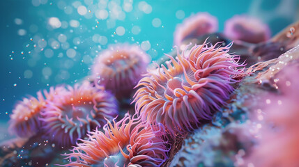 Obraz premium Unique shots reveal the delicate beauty of sea anemones, their vibrant colors contrasting against the azure backdrop of the ocean.