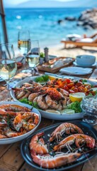 Spread of seafood, appetizers, salads at beachside fish restaurant, Greece or Turkey ambiance
