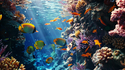 Naklejka premium Unique shots showcase bustling coral reefs teeming with life, as fish of all shapes and sizes dart amongst their vibrant surroundings.