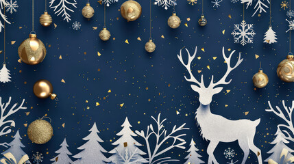 festive christmas reindeer and ornaments in paper cut style with navy blue and gold theme