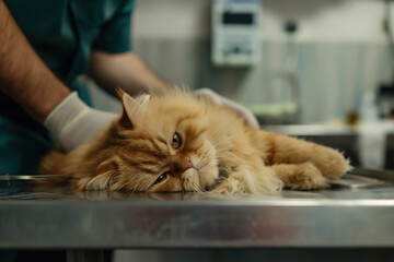 worried persian cat lying on examination table at vet clinic with veterinarian's hand checking