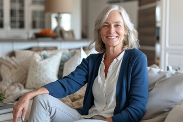 Obraz premium Older middle aged woman in her living room. Beautiful Caucasian woman relaxing at home. Stay at home concept. its comfortably on a sofa in her home, suggesting an abstract sense ease and well-being